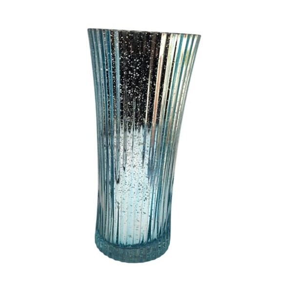 Ribbed Aqua Blue Mercury Glass Vase 11.5" Tall Decorative Accent Piece For Seasi - Picture 1 of 8